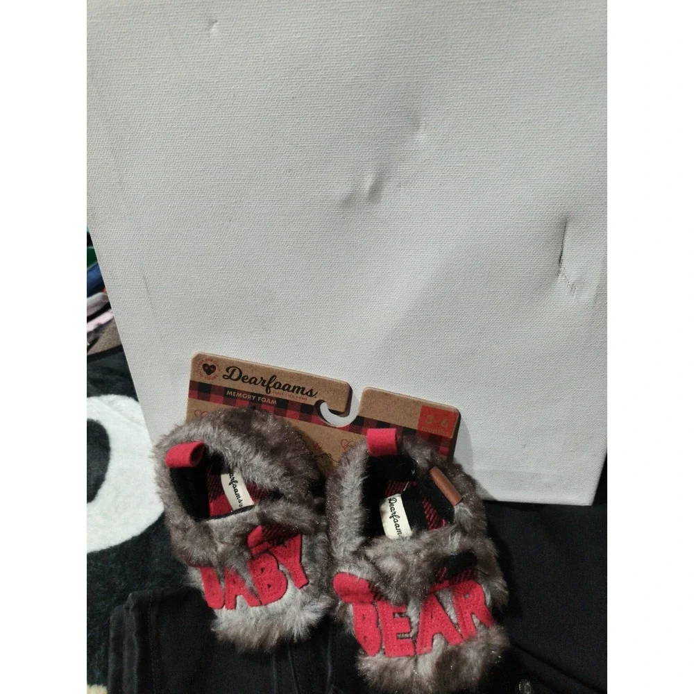Baby Dearfoams BABY BEAR Applique Brown Faux Fur Fuzzy Slippers 3-6 Months